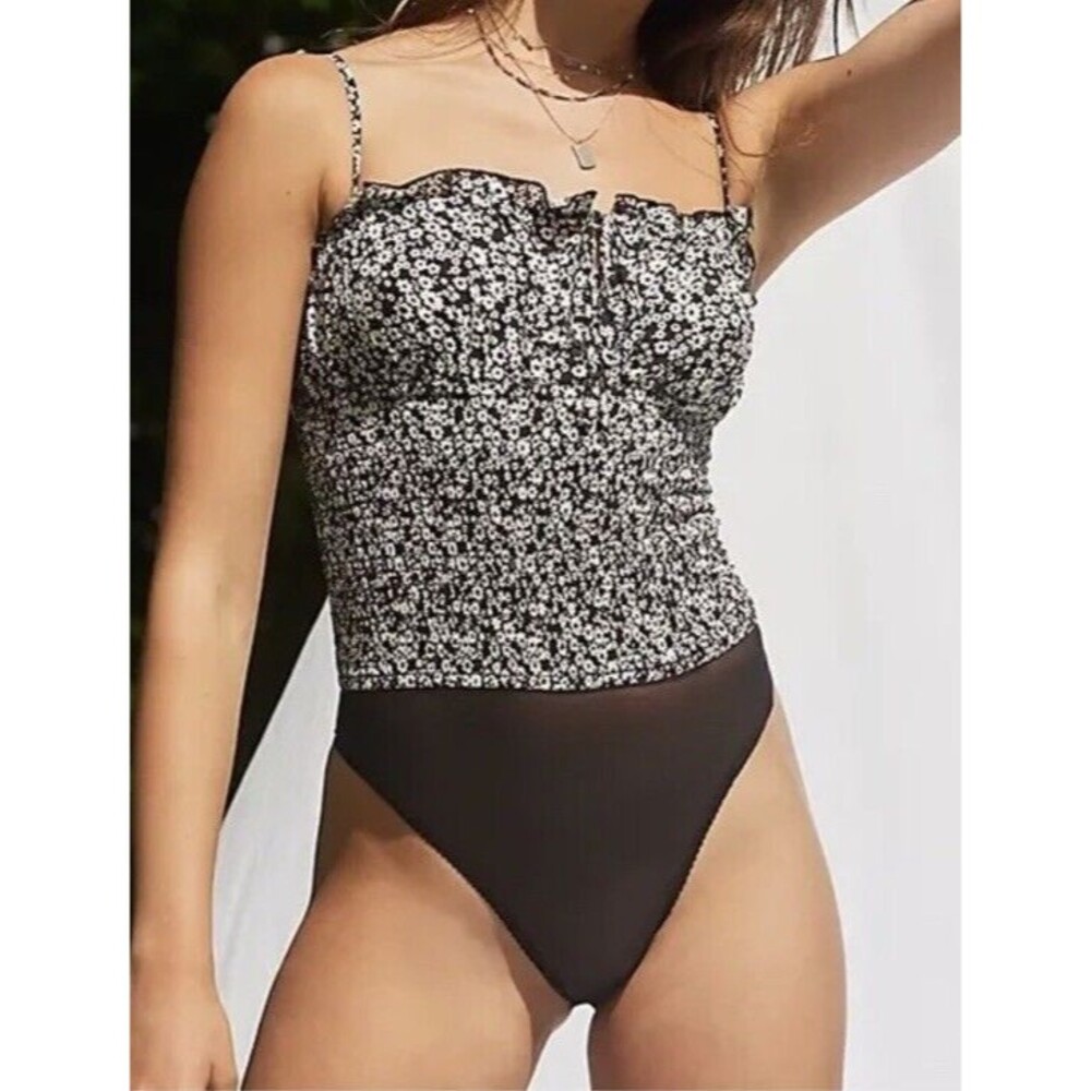 Free People Bardot Bodysuit Black Combo Floral Tie‎ Straps XS $68